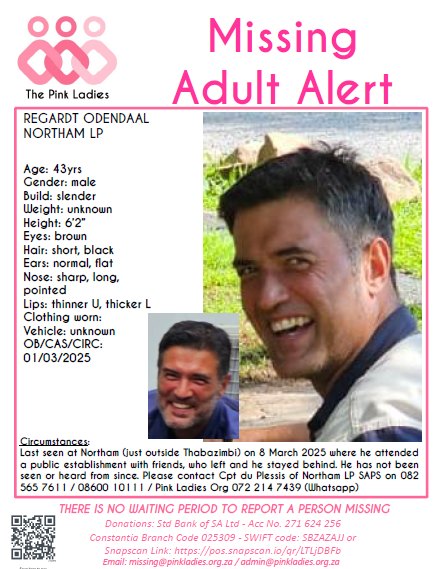 MISSING: Northam LP Regardt Odendaal 43 yrs 8 March 2025